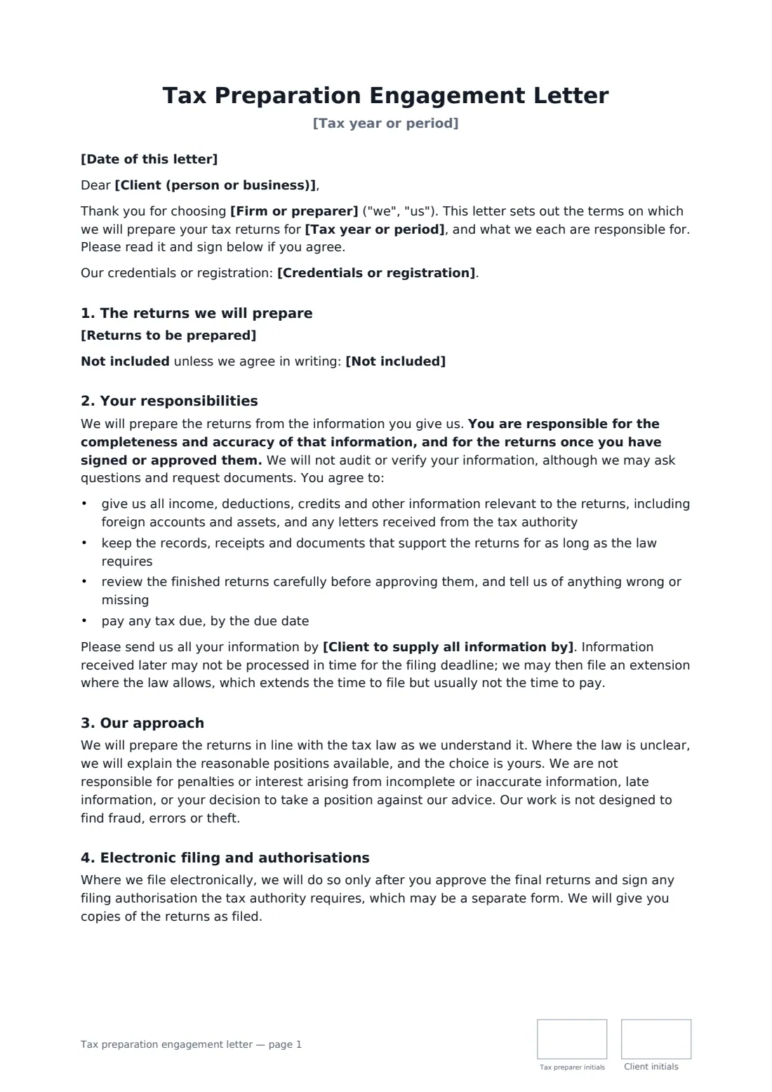 Tax preparation engagement letter — page 1 of 2