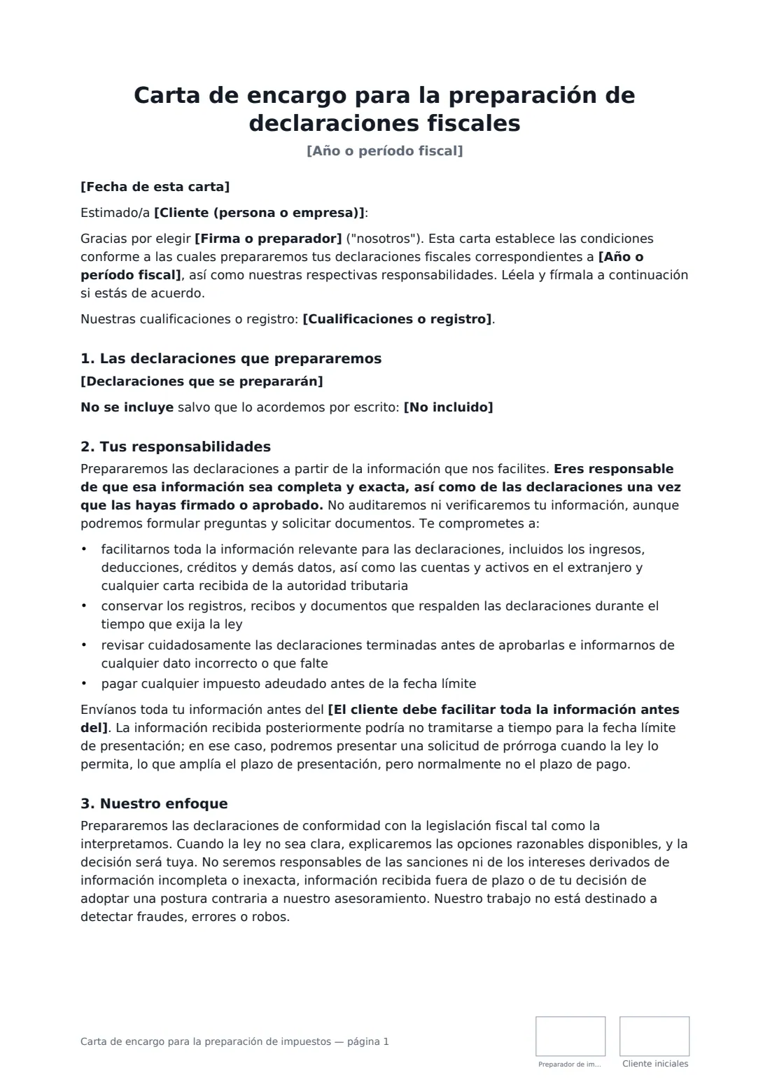 Carta de encargo para la preparación de impuestos: página 1 de 3
