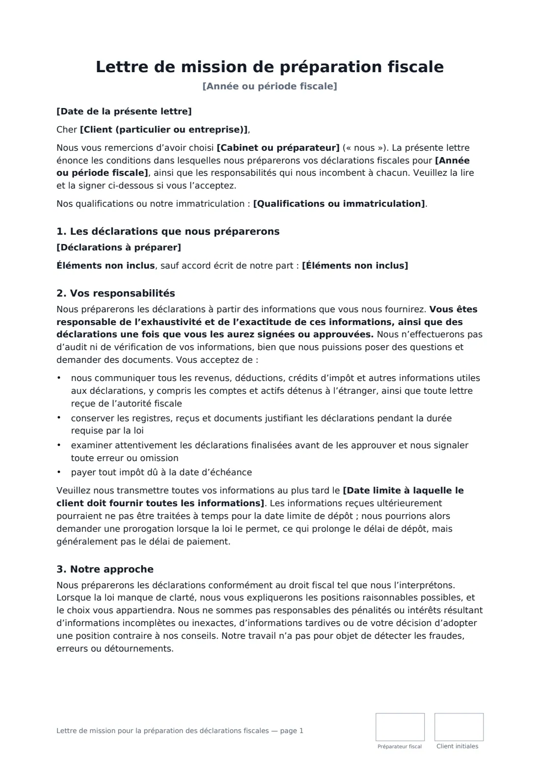 Lettre de mission pour la préparation des déclarations fiscales — page 1 sur 3