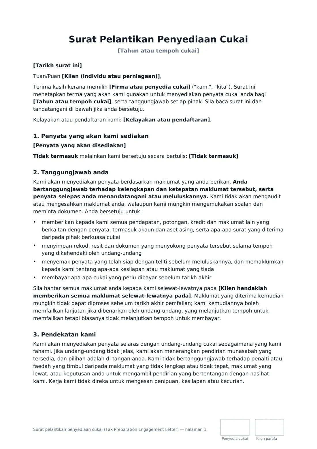 Surat pelantikan penyediaan cukai (Tax Preparation Engagement Letter) — halaman 1 daripada 3