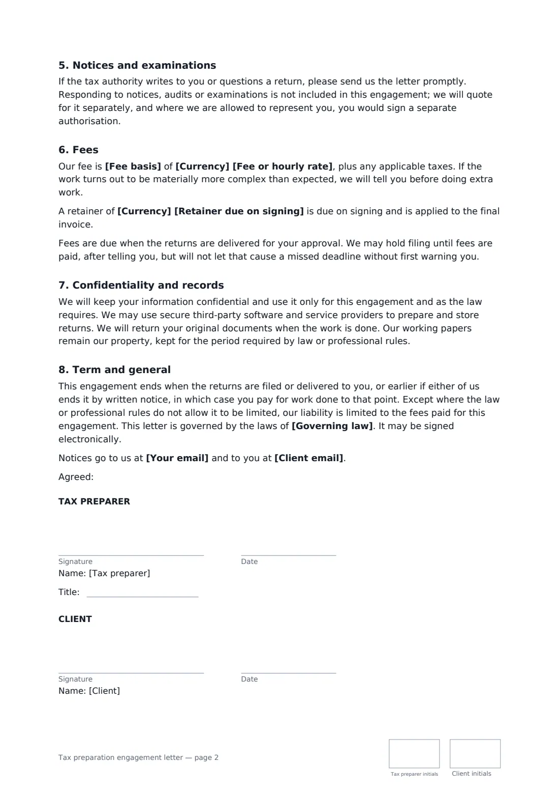 Tax preparation engagement letter — page 2 of 2