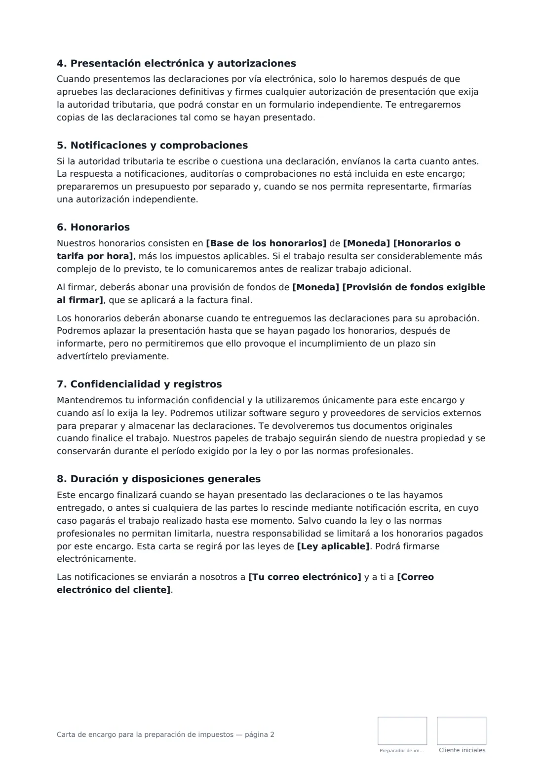 Carta de encargo para la preparación de impuestos: página 2 de 3