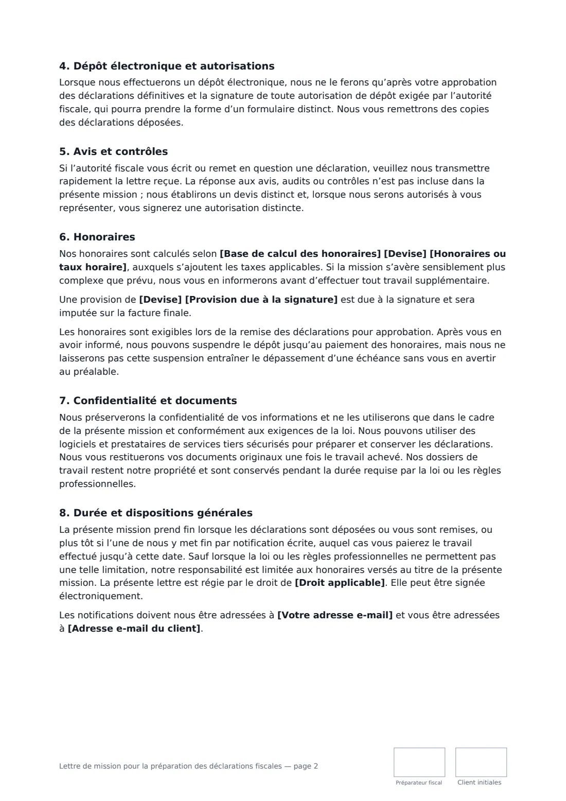 Lettre de mission pour la préparation des déclarations fiscales — page 2 sur 3
