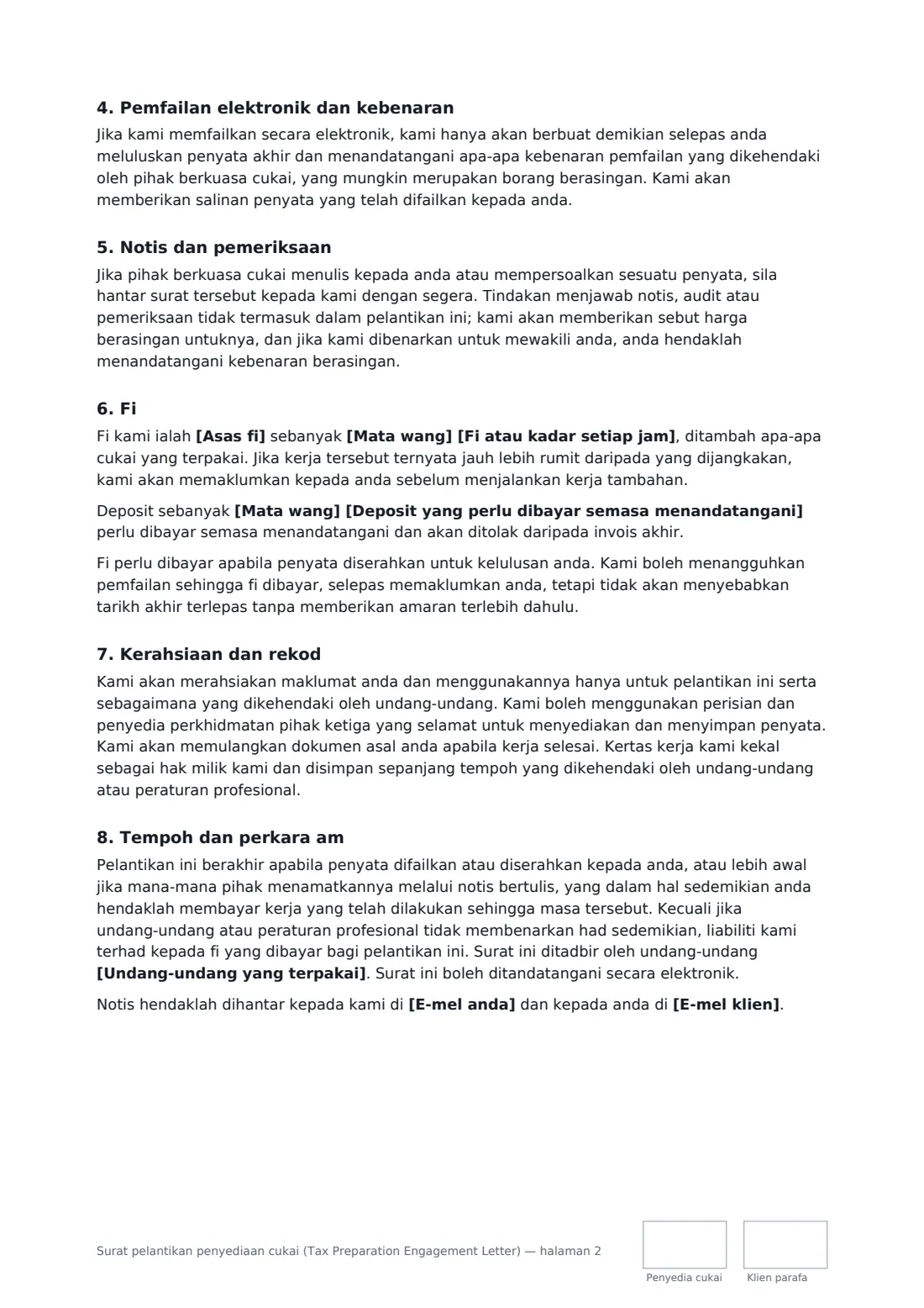Surat pelantikan penyediaan cukai (Tax Preparation Engagement Letter) — halaman 2 daripada 3