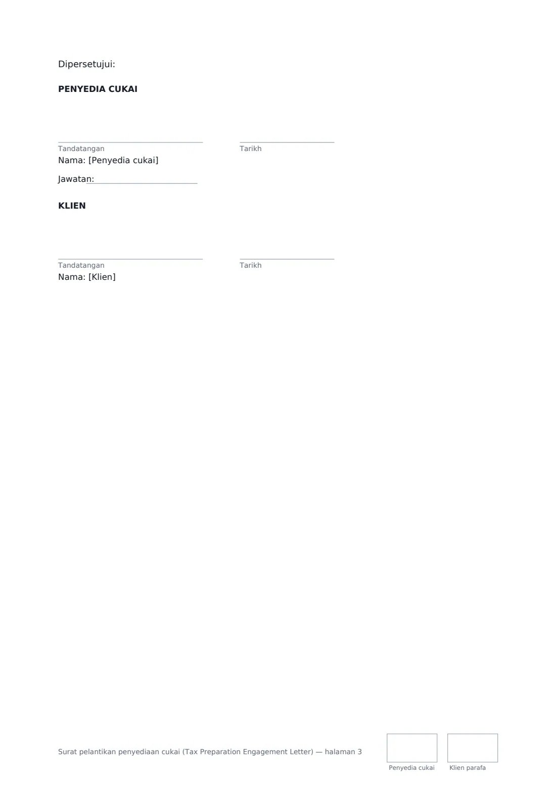 Surat pelantikan penyediaan cukai (Tax Preparation Engagement Letter) — halaman 3 daripada 3
