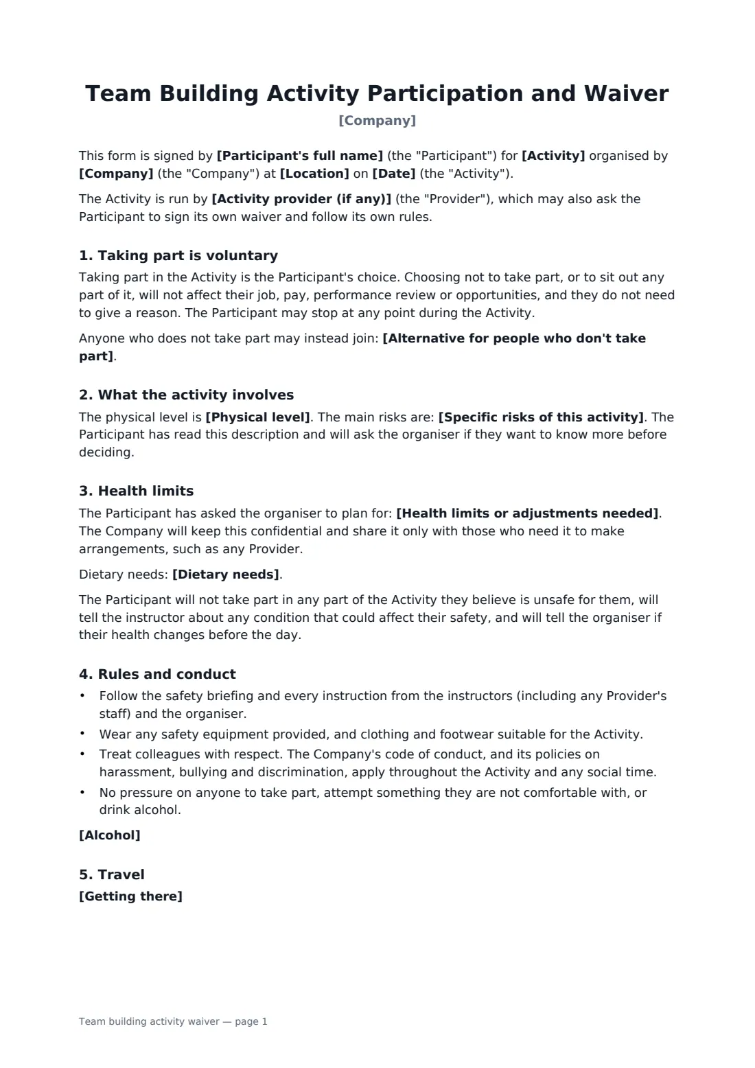 Team building activity waiver — page 1 of 2