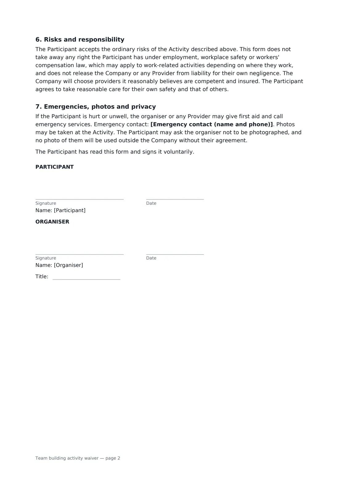 Team building activity waiver — page 2 of 2