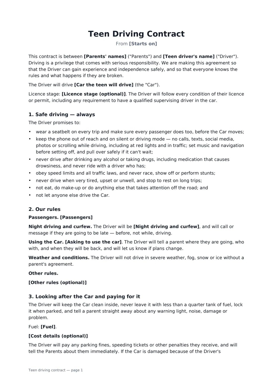 Teen driving contract — page 1 of 2