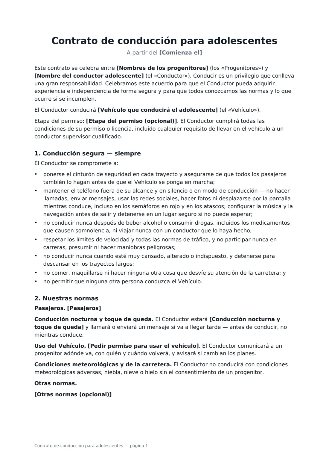 Contrato de conducción para adolescentes: página 1 de 3