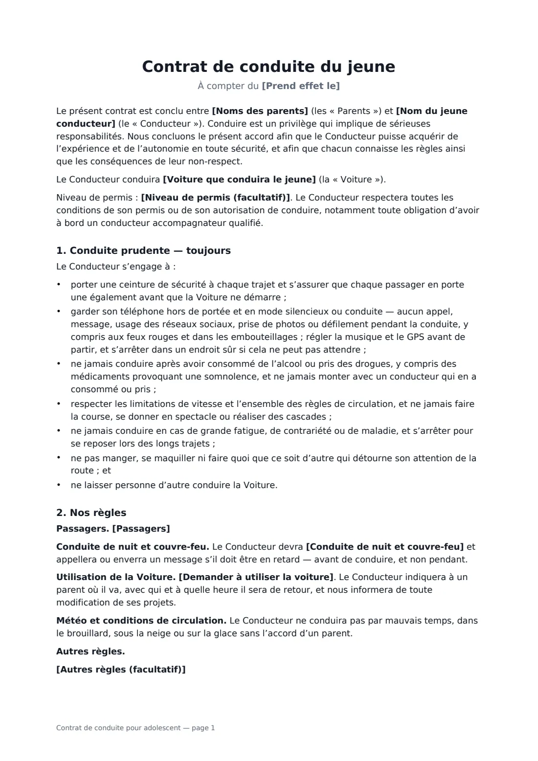 Contrat de conduite pour adolescent — page 1 sur 3