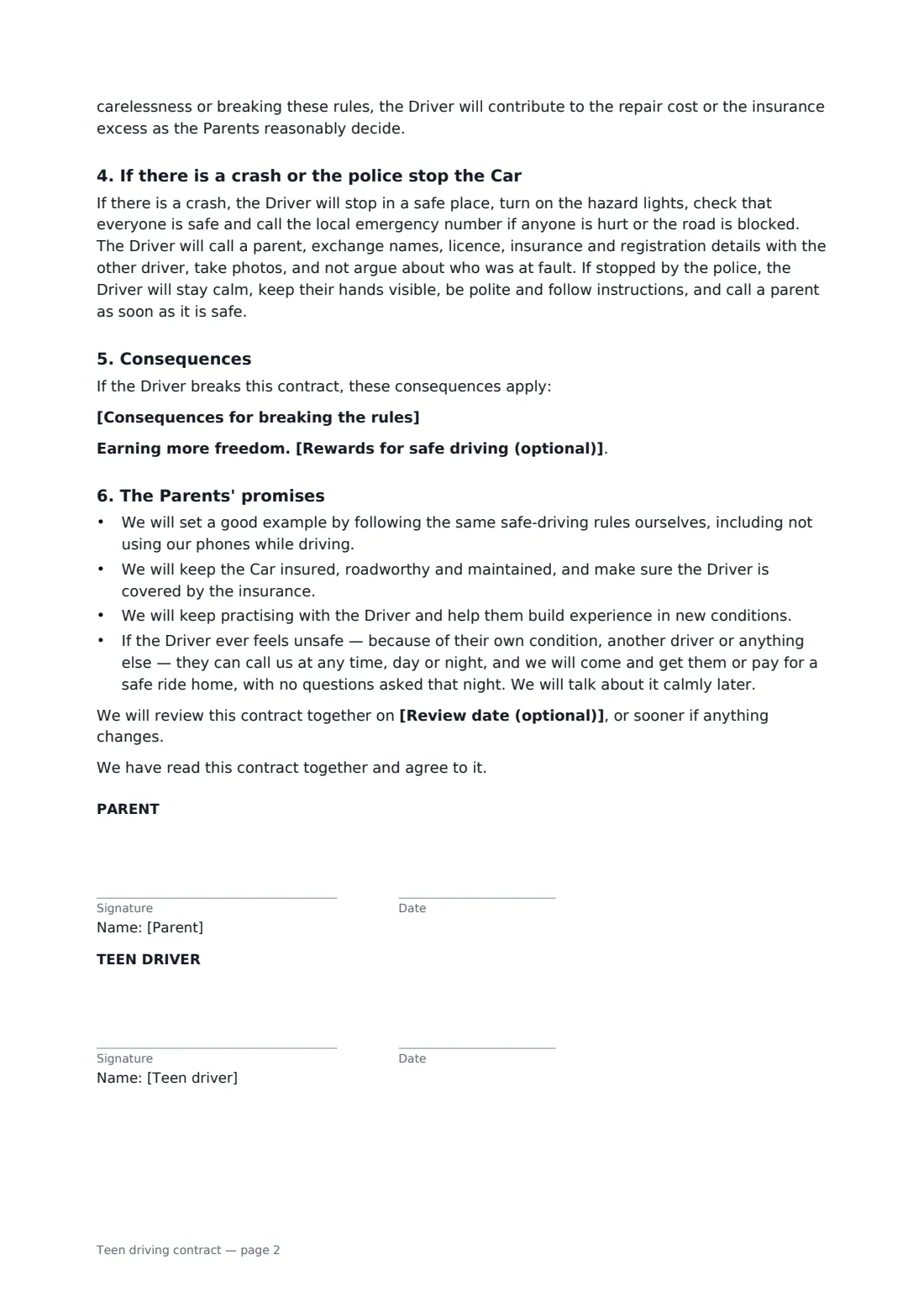 Teen driving contract — page 2 of 2
