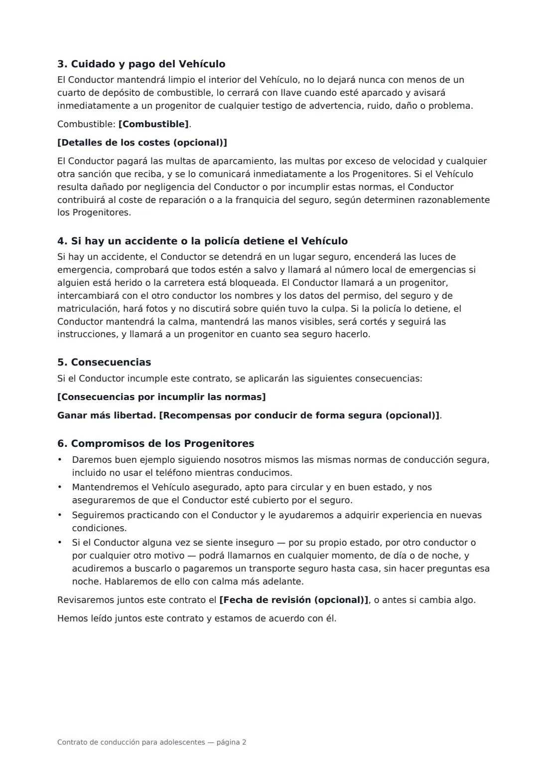 Contrato de conducción para adolescentes: página 2 de 3