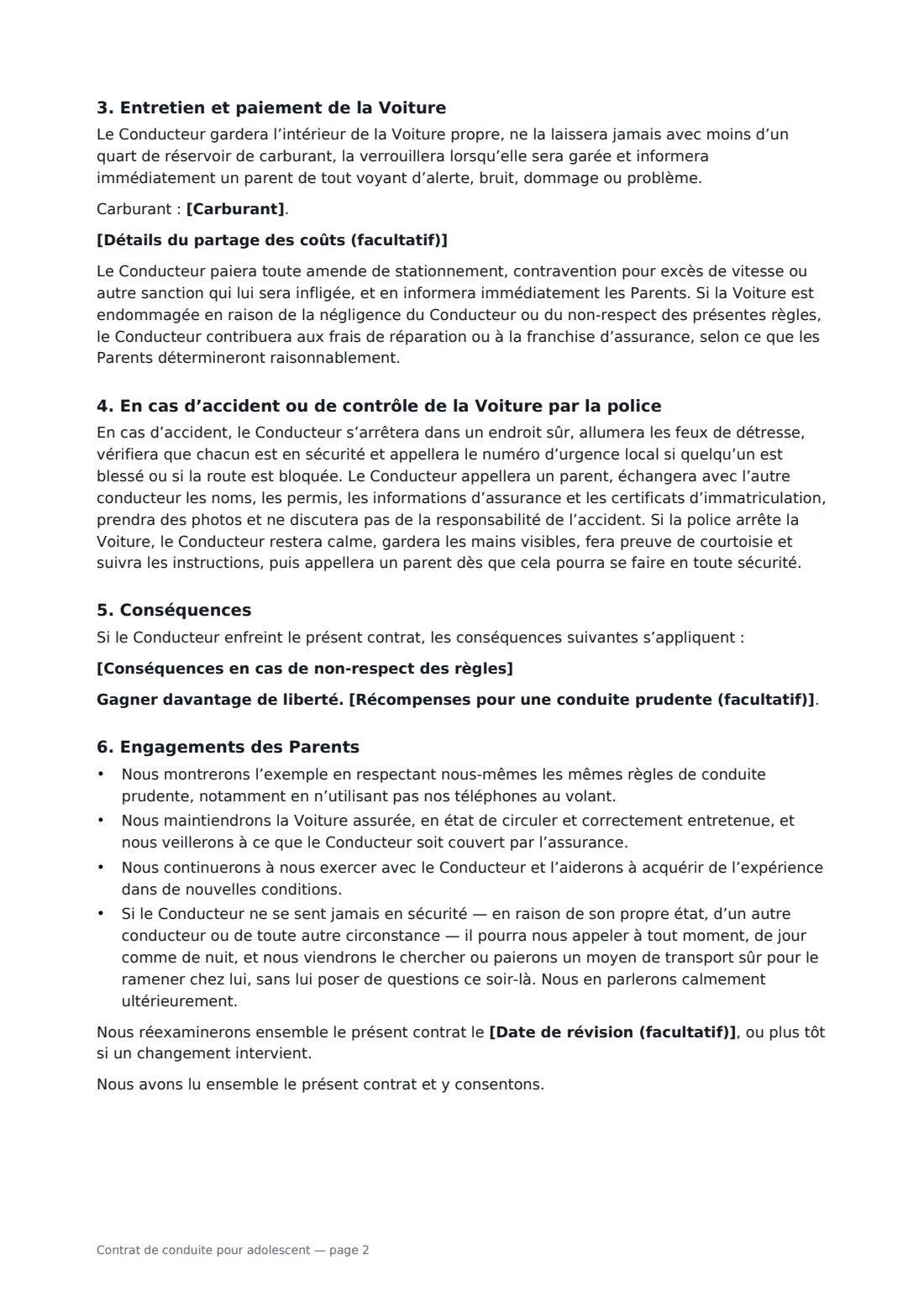 Contrat de conduite pour adolescent — page 2 sur 3