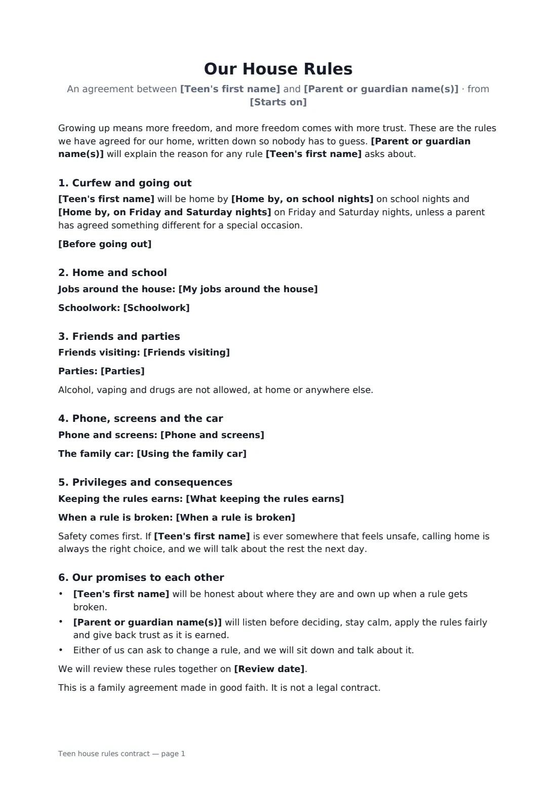 Teen house rules contract — page 1 of 2