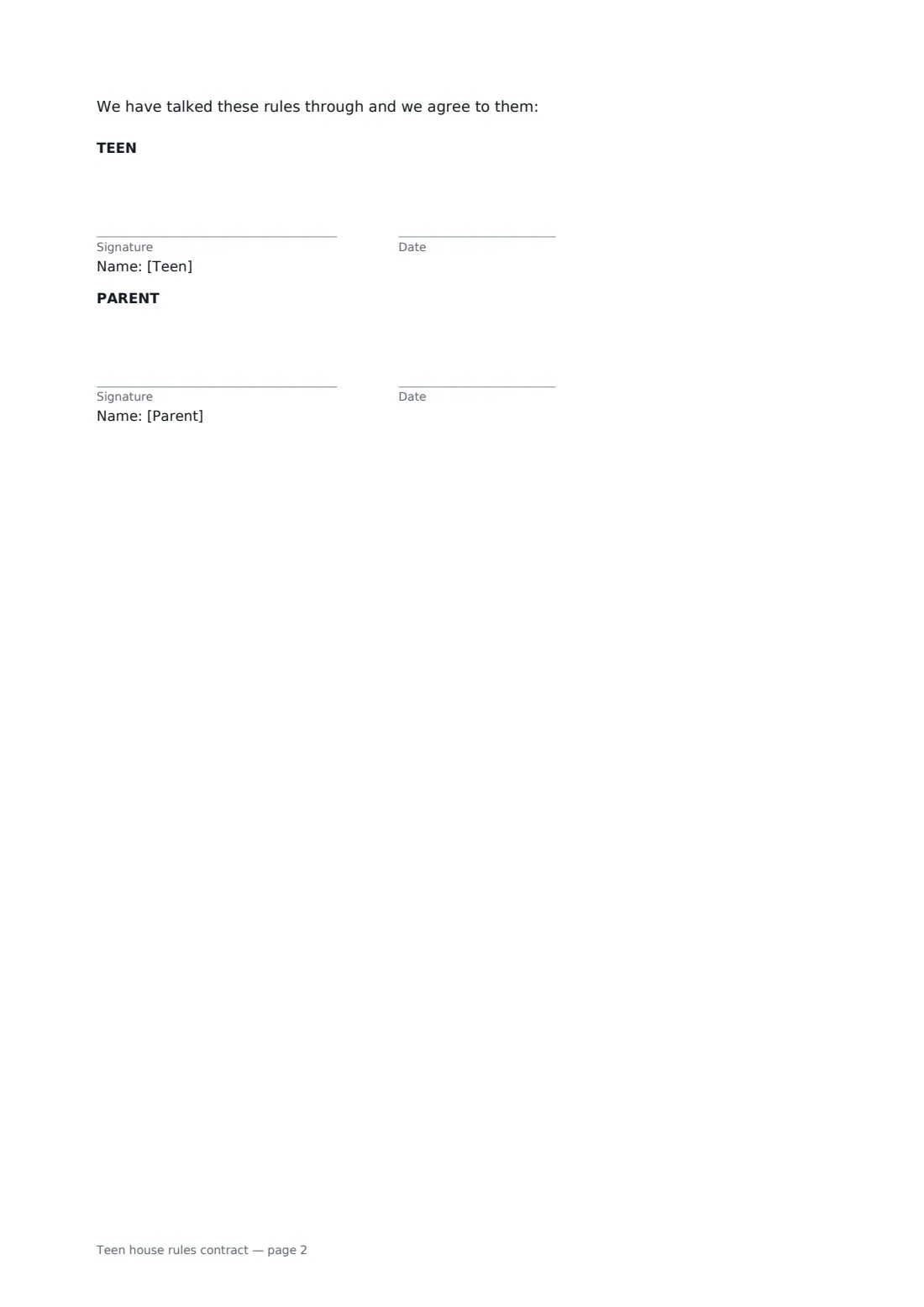 Teen house rules contract — page 2 of 2