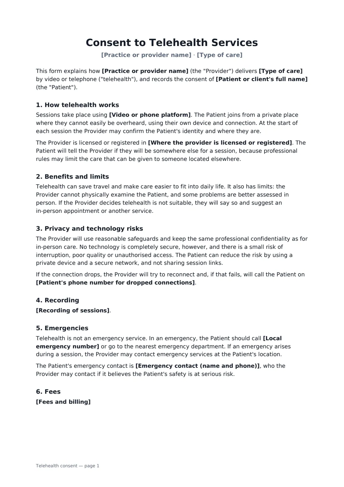 Telehealth consent — page 1 of 2