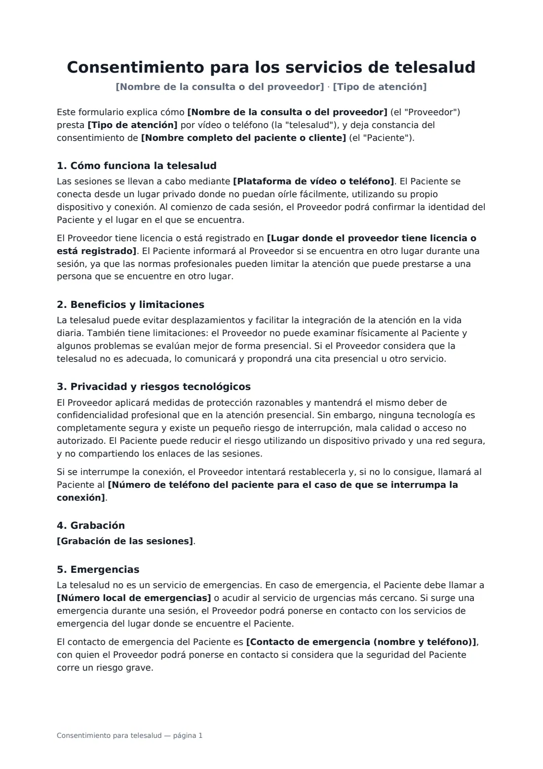Consentimiento para telesalud: página 1 de 2