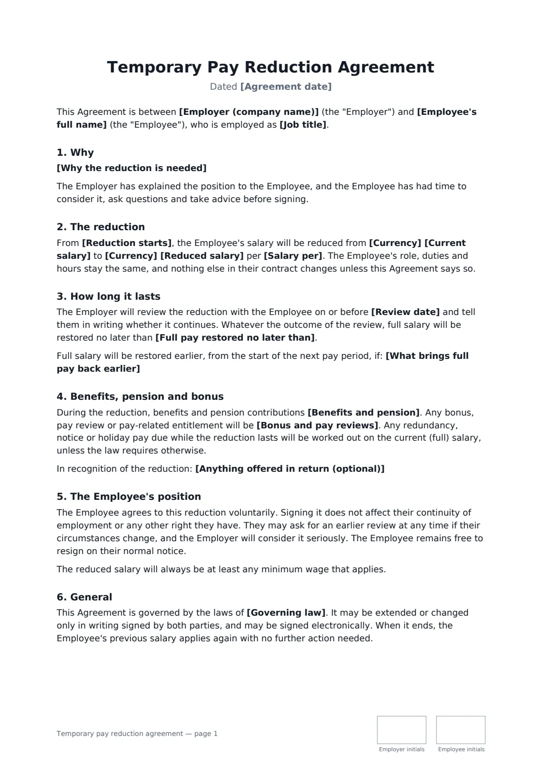 Temporary pay reduction agreement — page 1 of 2