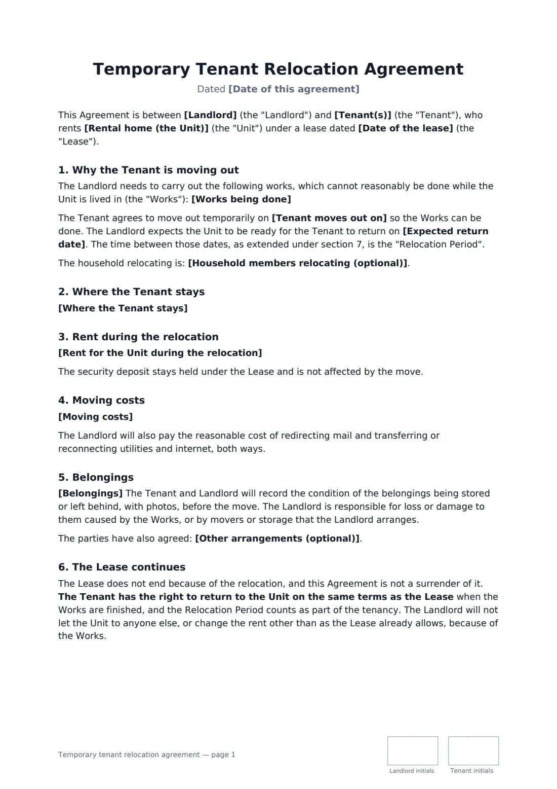 Temporary tenant relocation agreement — page 1 of 2