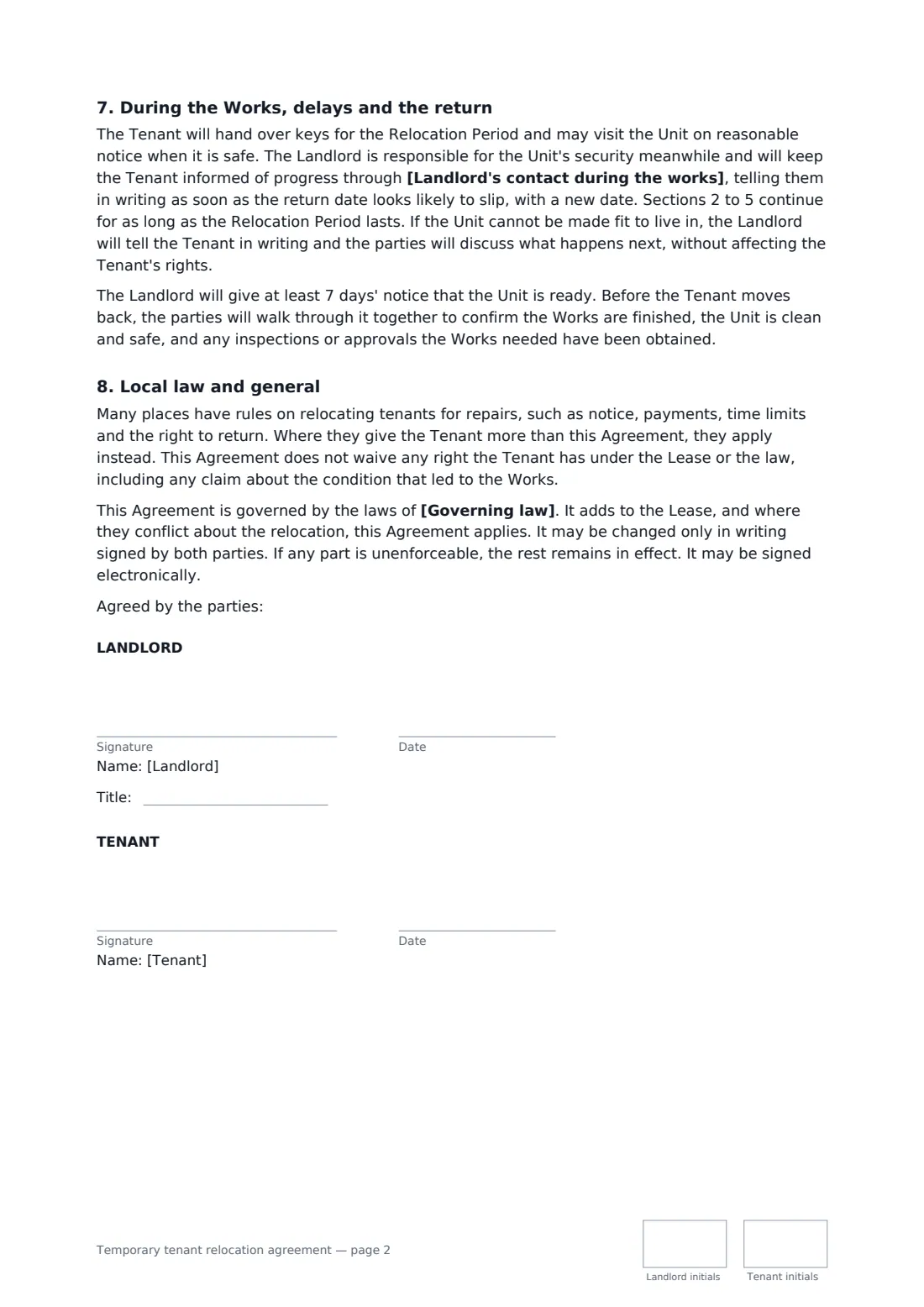 Temporary tenant relocation agreement — page 2 of 2