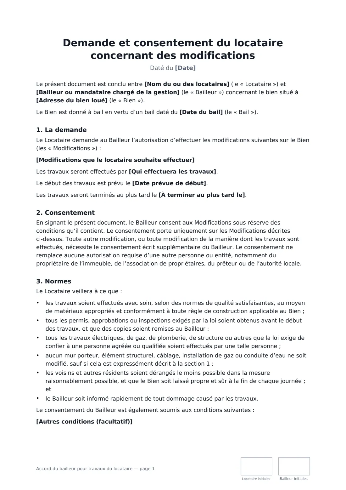 Accord du bailleur pour travaux du locataire — page 1 sur 3