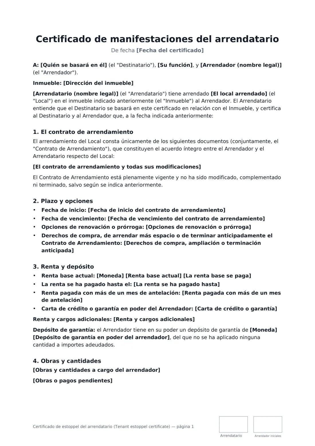 Certificado de estoppel del arrendatario (Tenant estoppel certificate): página 1 de 3