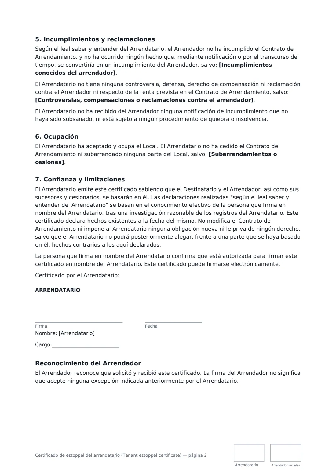 Certificado de estoppel del arrendatario (Tenant estoppel certificate): página 2 de 3