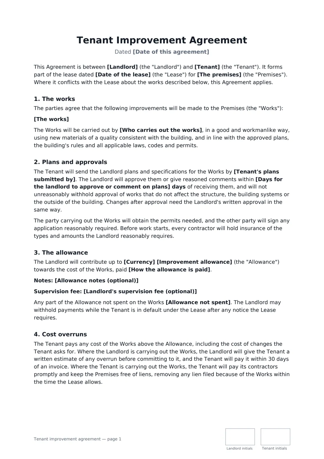 Tenant improvement agreement — page 1 of 2