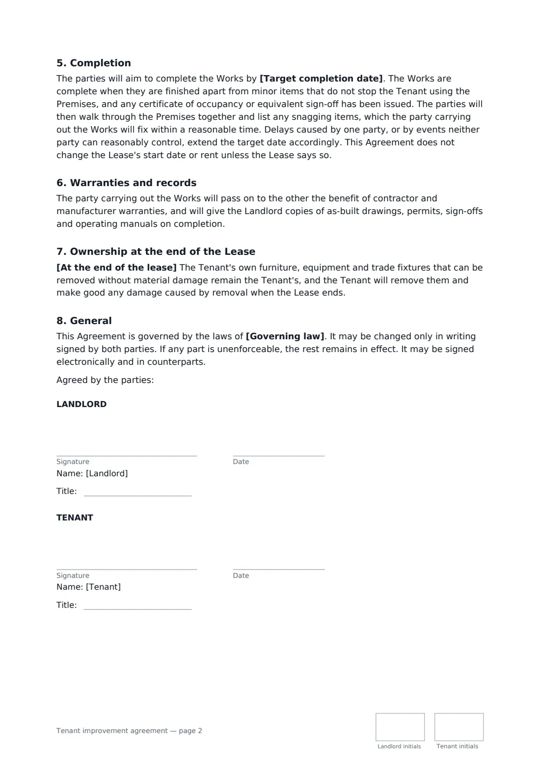 Tenant improvement agreement — page 2 of 2