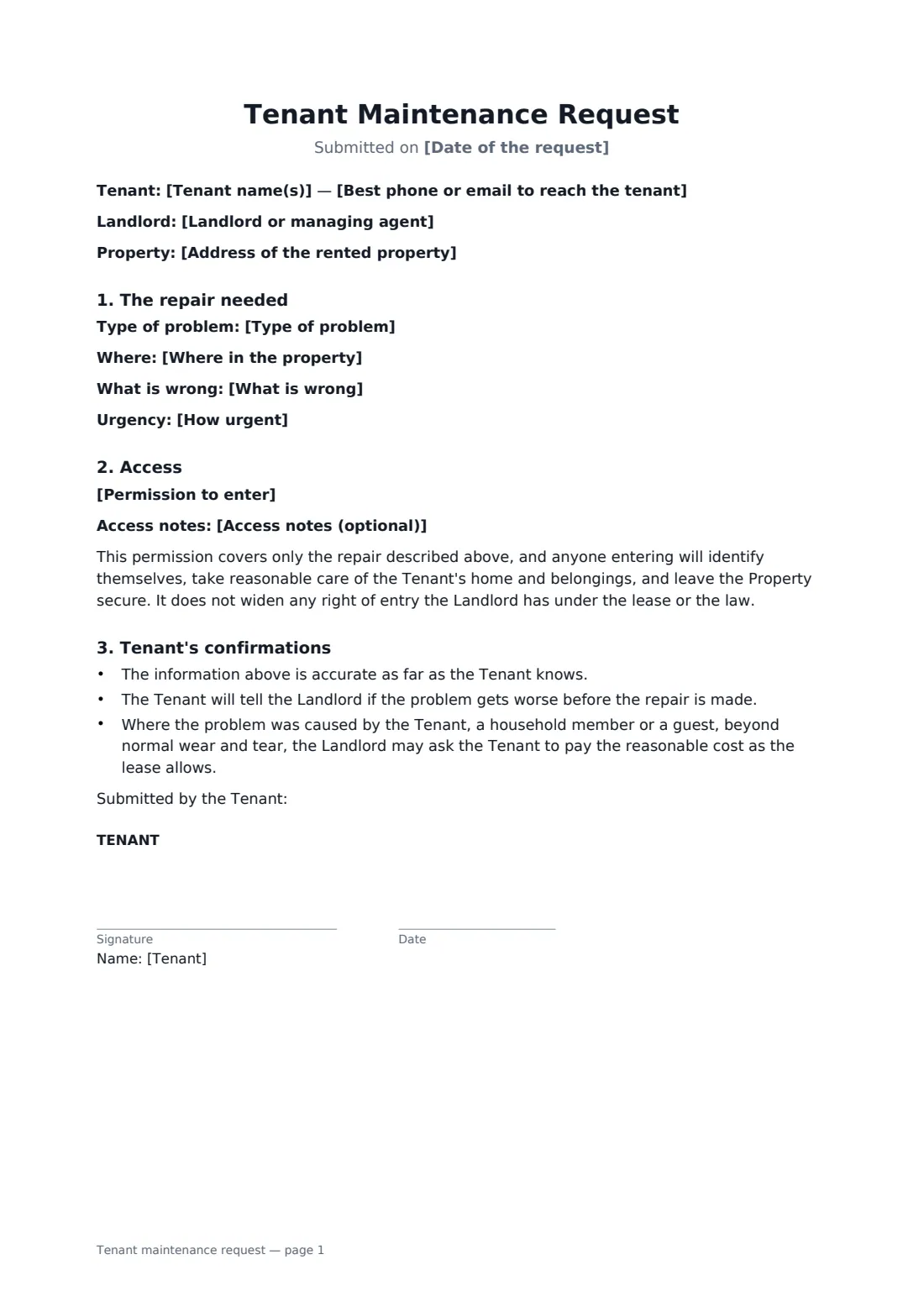 Tenant maintenance request — page 1 of 2