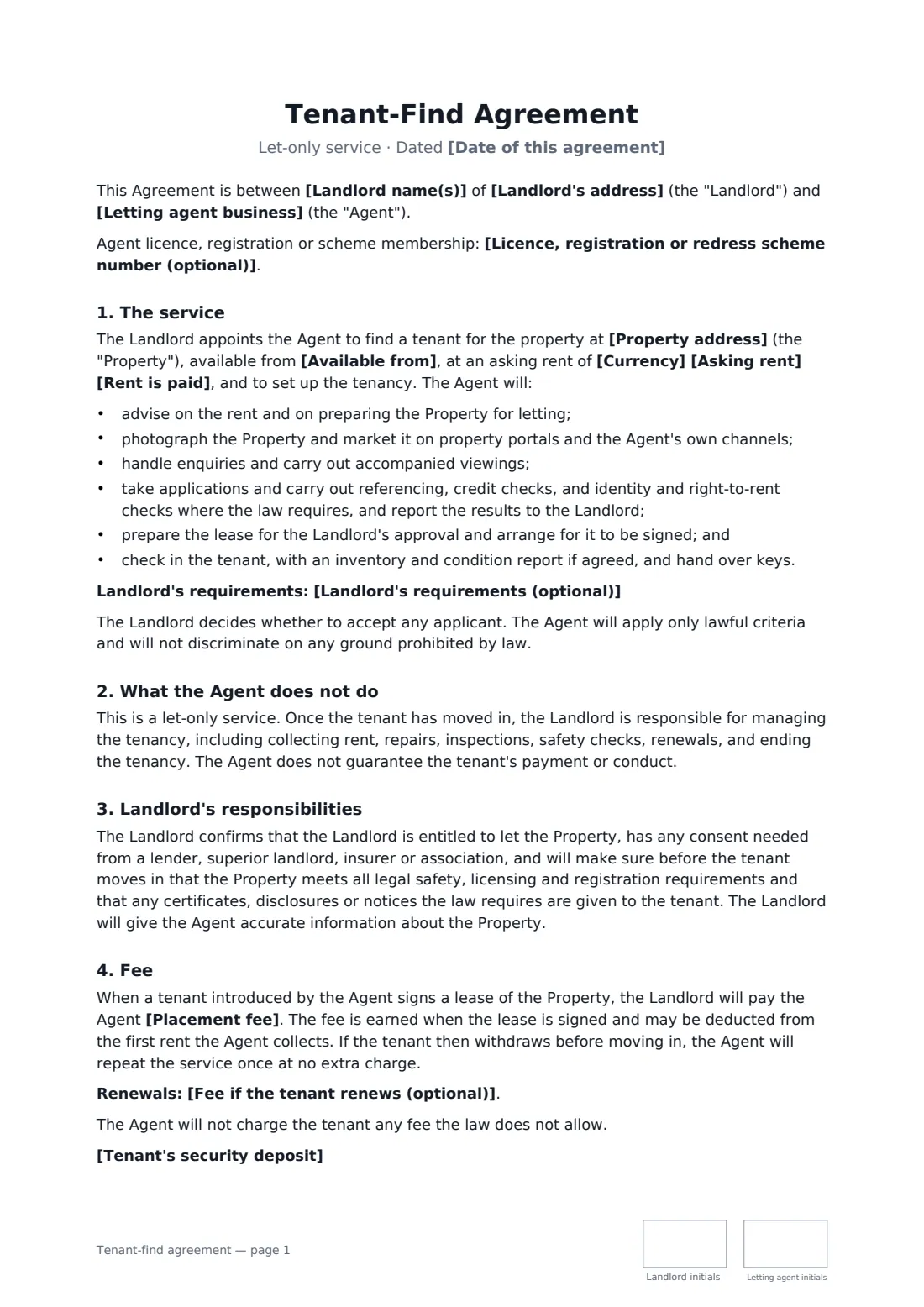 Tenant-find agreement — page 1 of 2