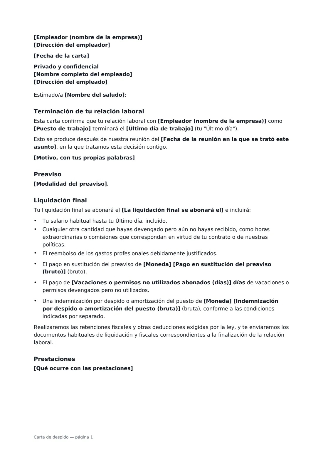 Carta de despido: página 1 de 2