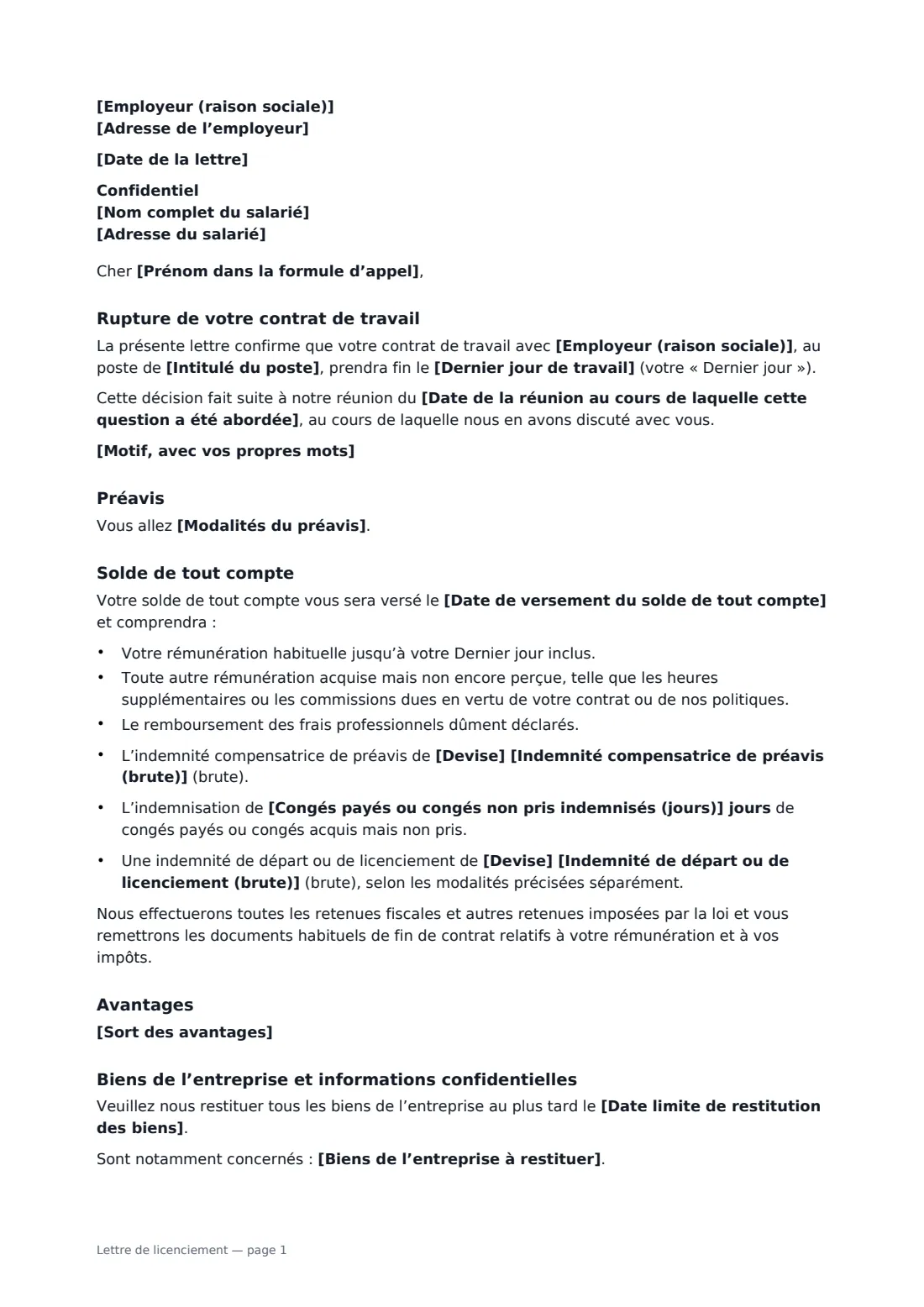 Lettre de licenciement — page 1 sur 2