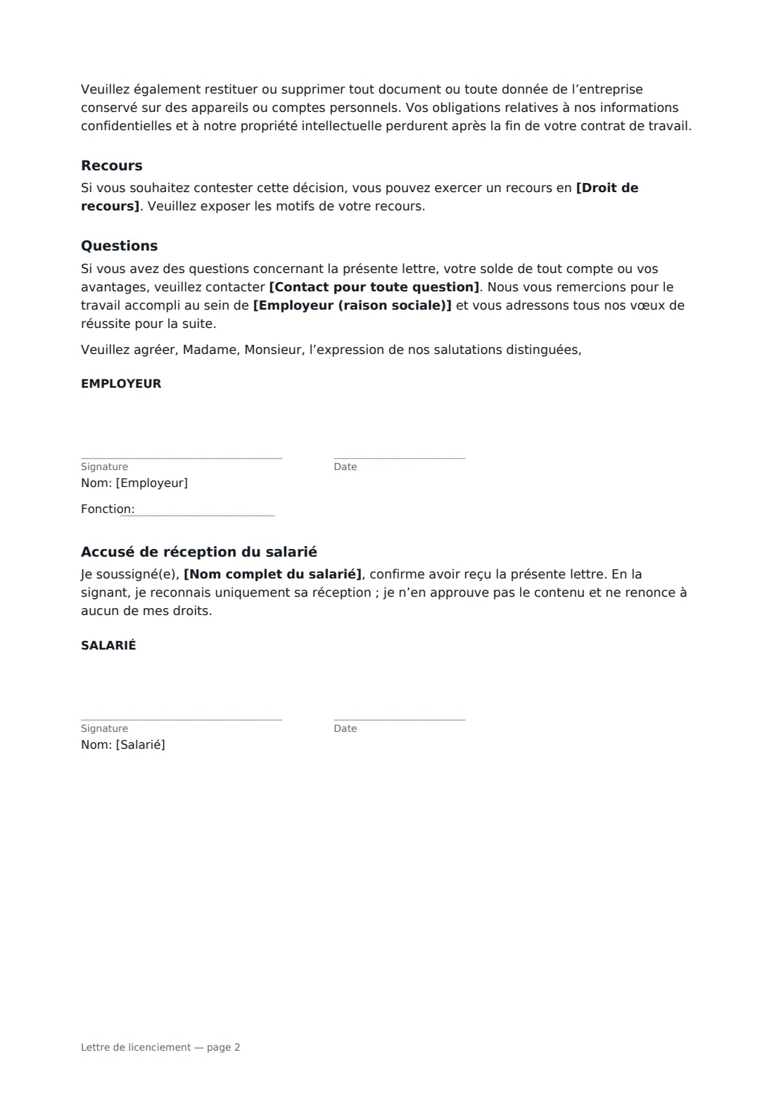 Lettre de licenciement — page 2 sur 2