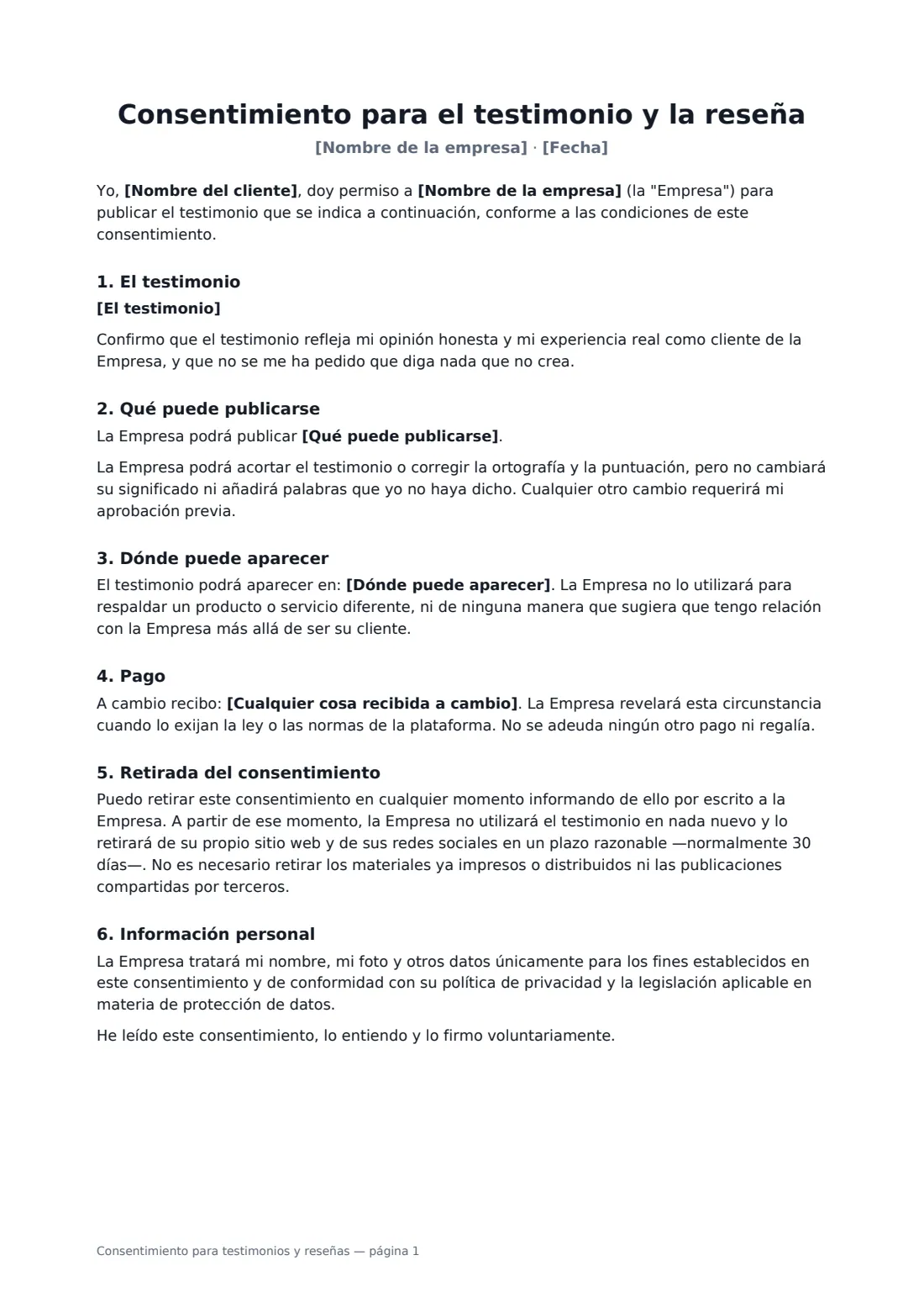 Consentimiento para testimonios y reseñas: página 1 de 2