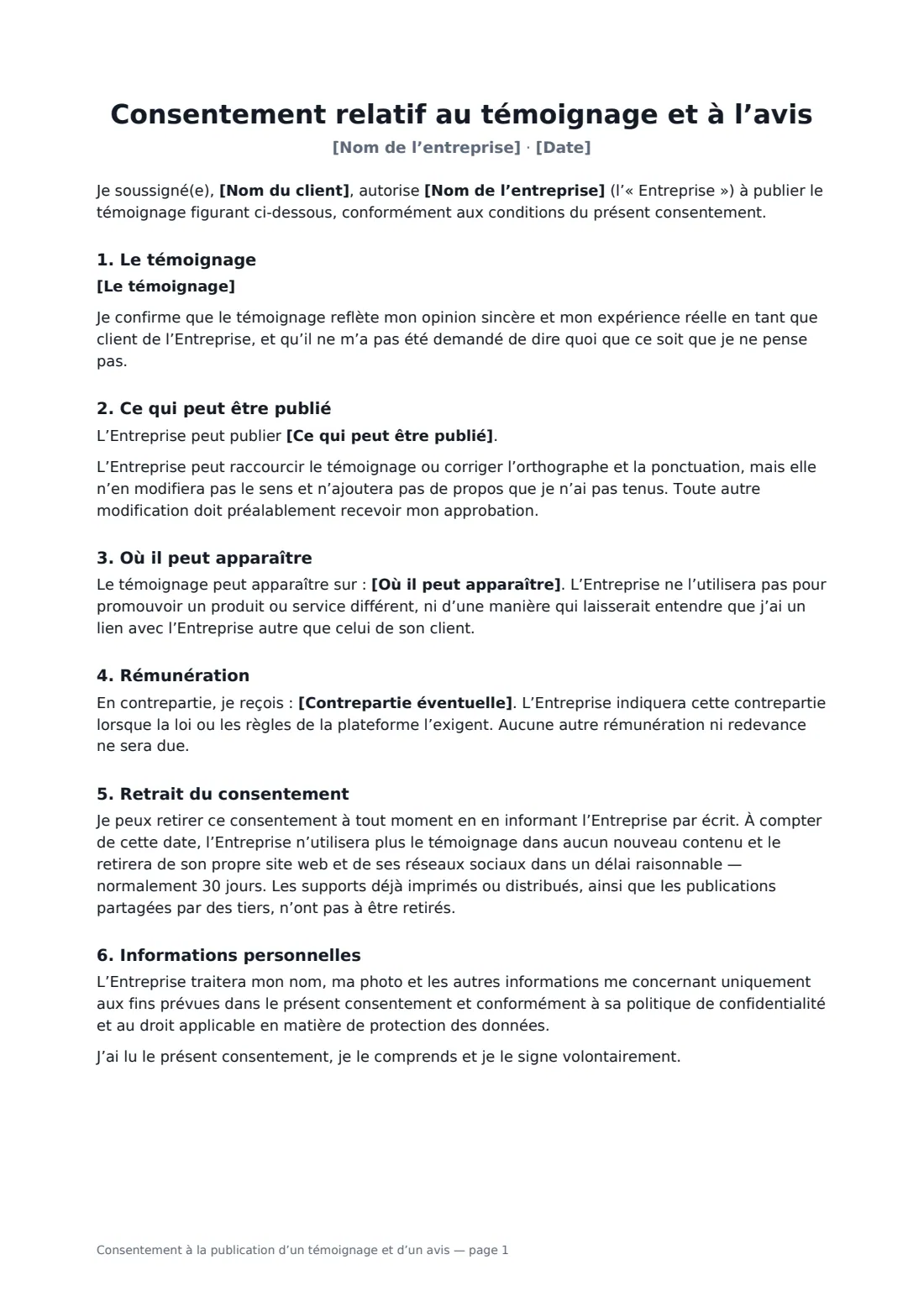 Consentement à la publication d’un témoignage et d’un avis — page 1 sur 2