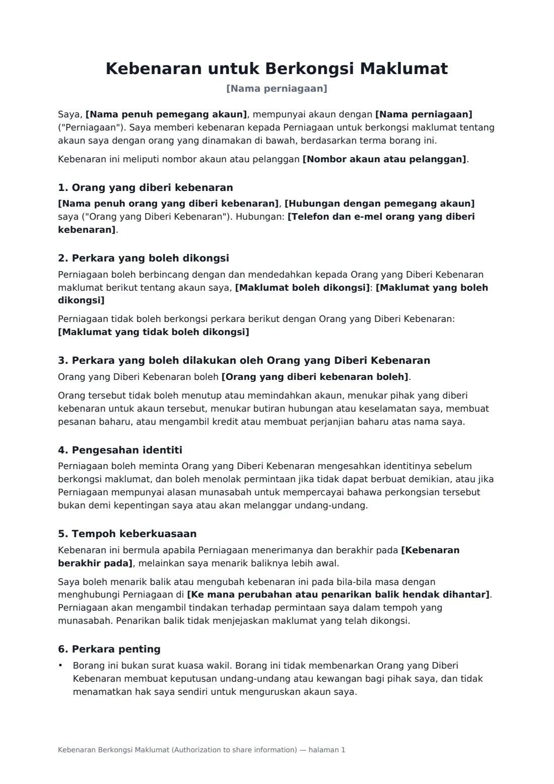 Kebenaran Berkongsi Maklumat (Authorization to share information) — halaman 1 daripada 2