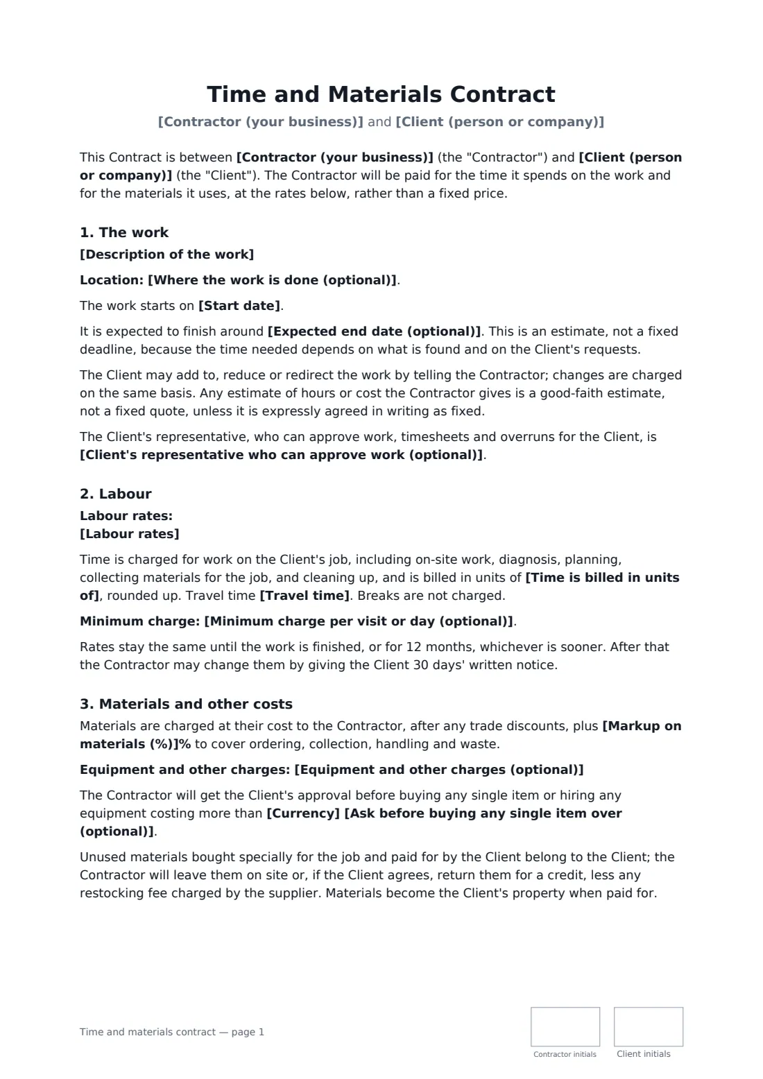 Time and materials contract — page 1 of 3