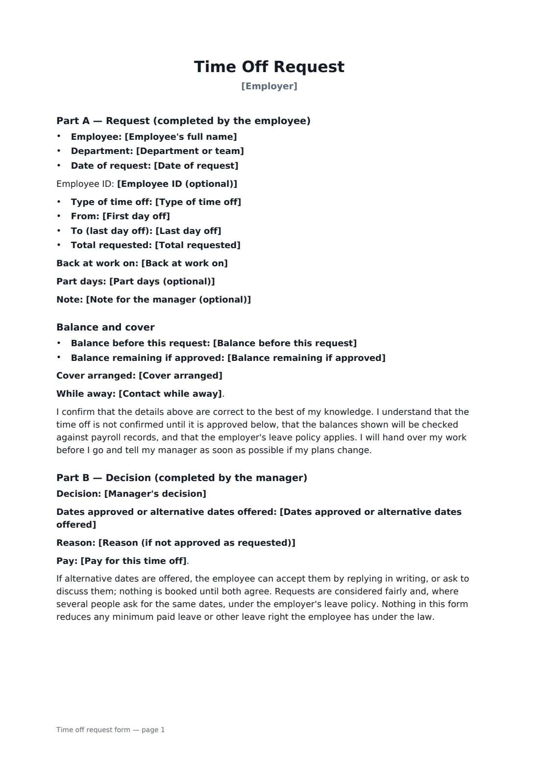 Time off request form — page 1 of 2