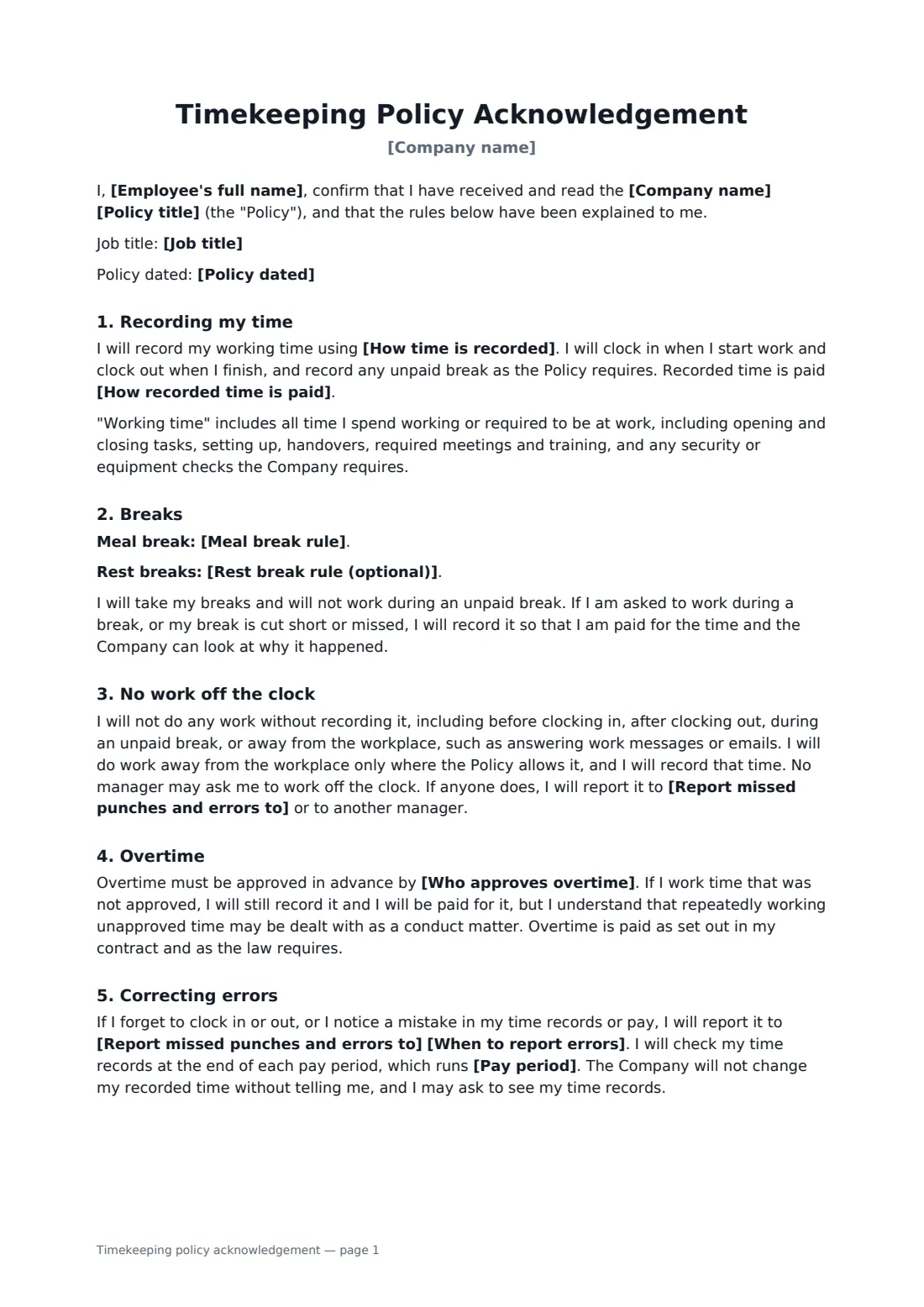 Timekeeping policy acknowledgement — page 1 of 2