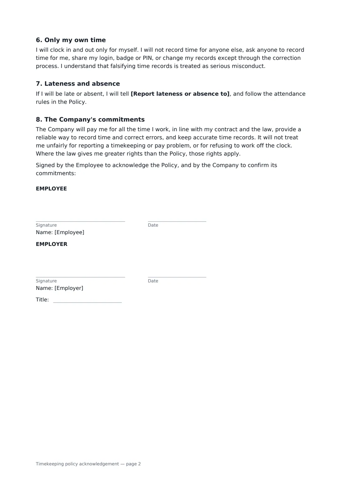 Timekeeping policy acknowledgement — page 2 of 2