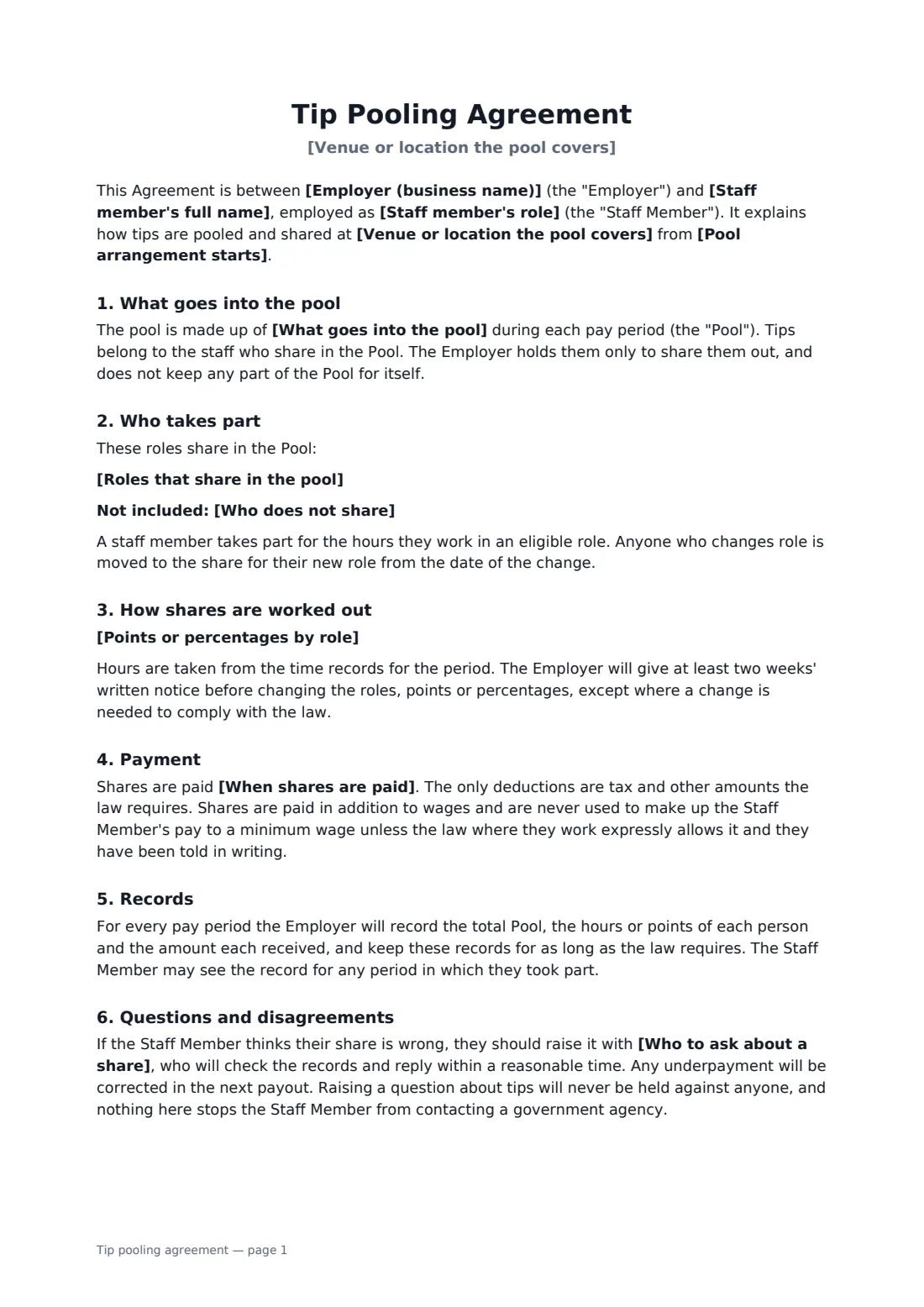Tip pooling agreement — page 1 of 2
