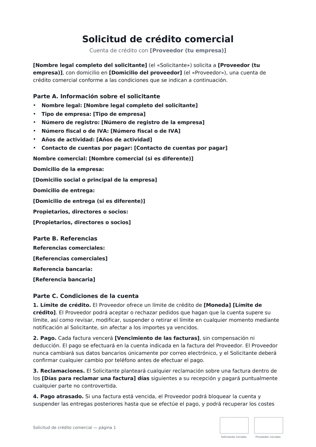 Solicitud de crédito comercial: página 1 de 2