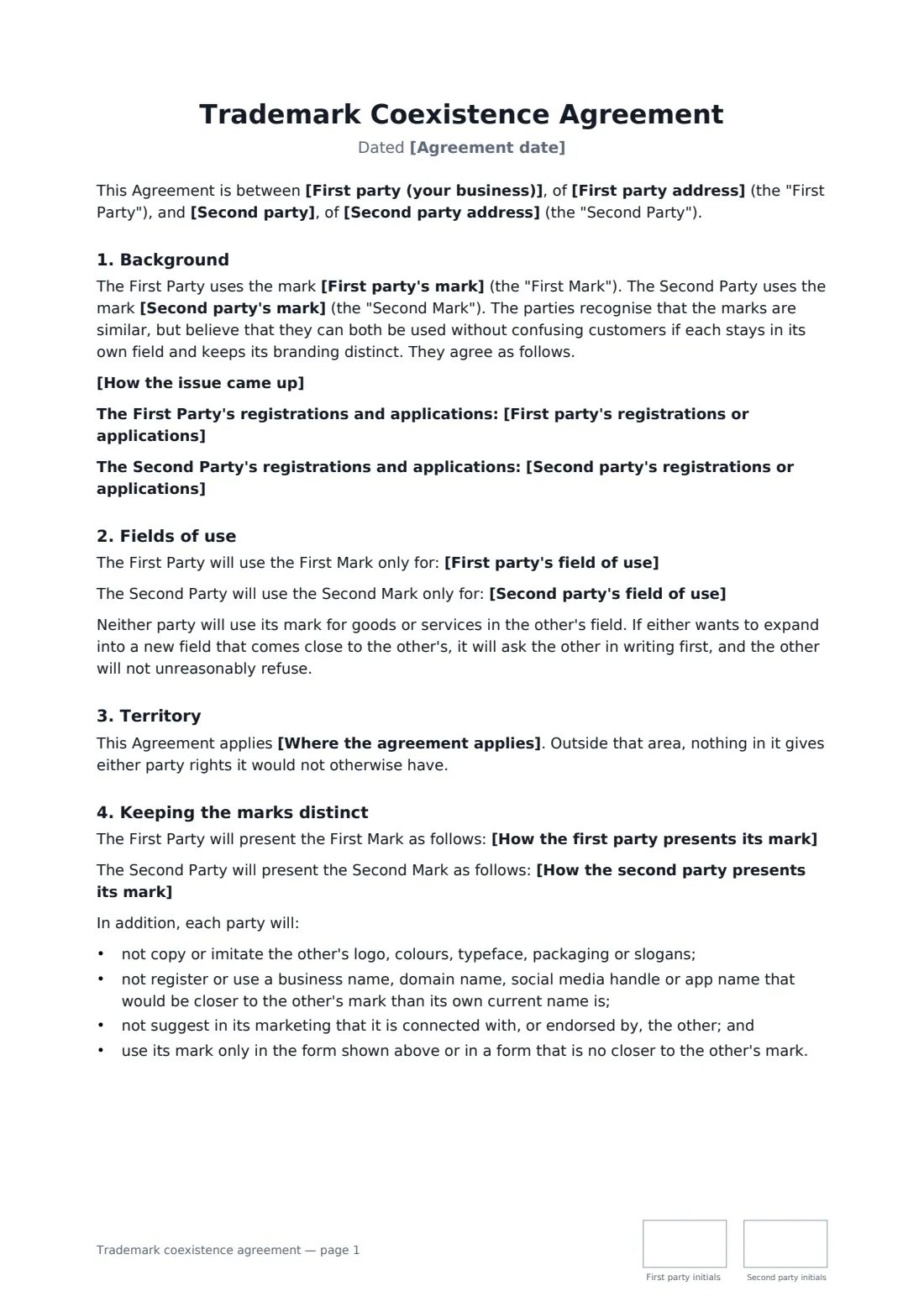 Trademark coexistence agreement — page 1 of 2