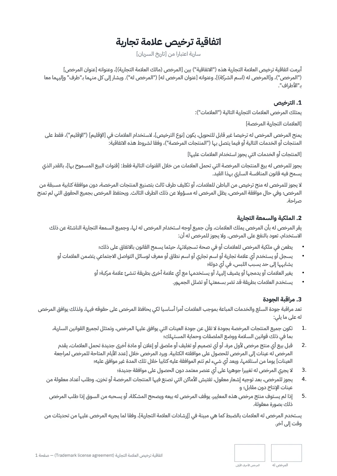 اتفاقية ترخيص العلامة التجارية (Trademark license agreement) — الصفحة 1 من 3