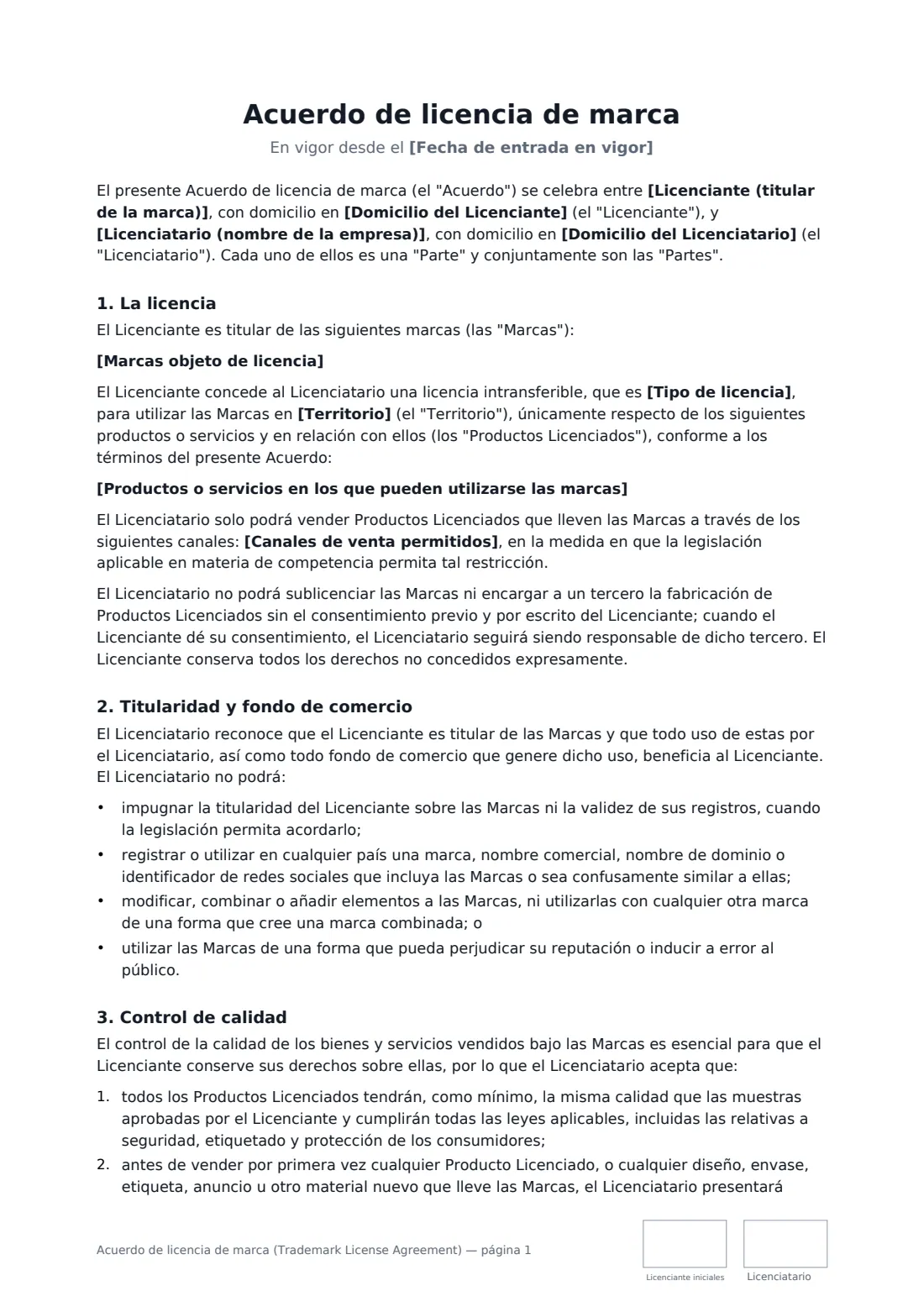 Acuerdo de licencia de marca (Trademark License Agreement): página 1 de 4
