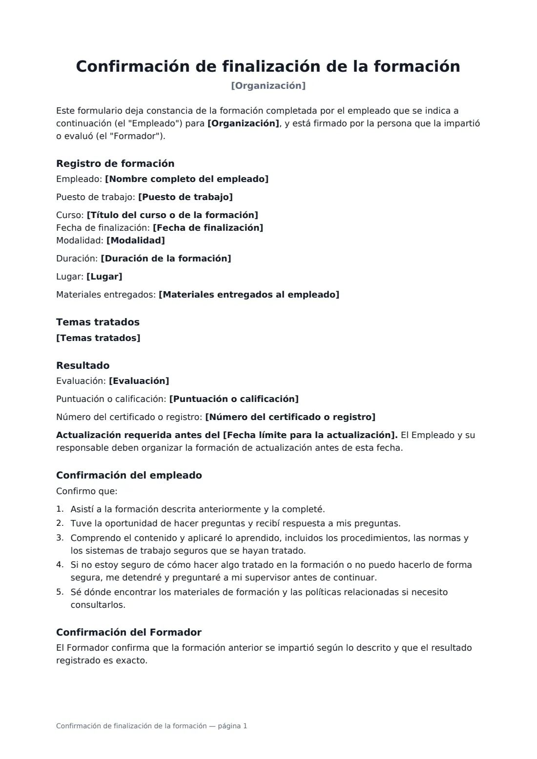 Confirmación de finalización de la formación: página 1 de 2