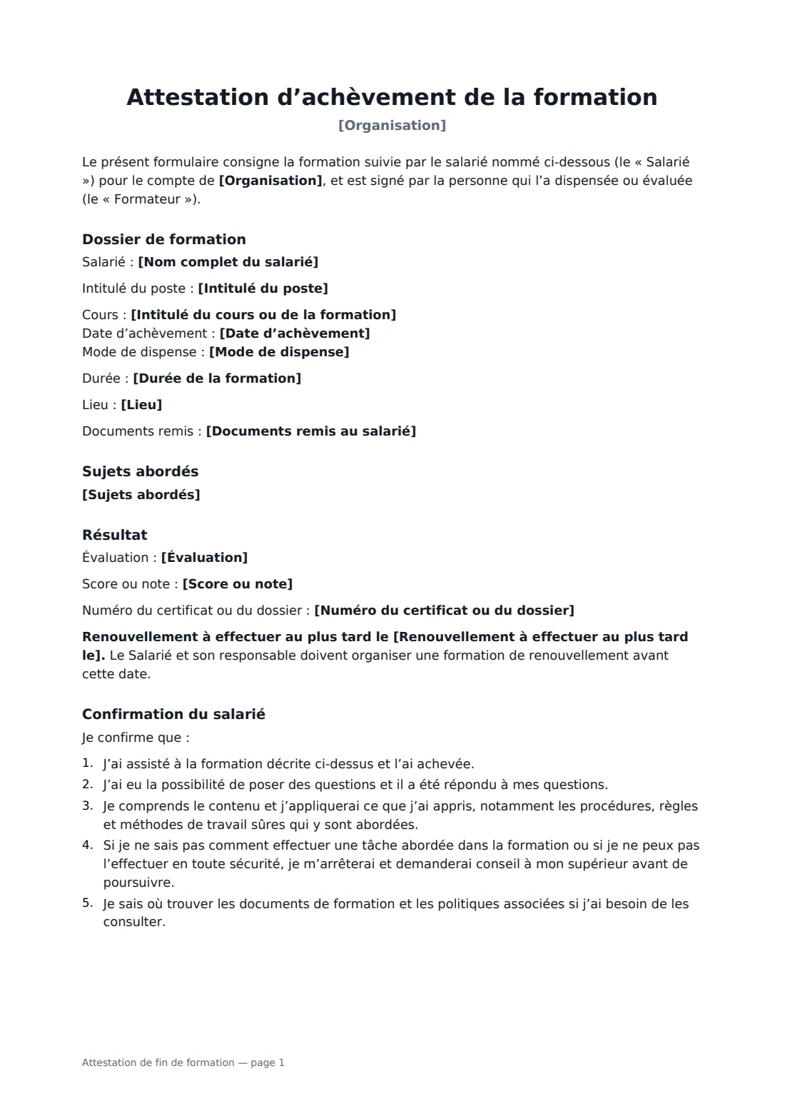 Attestation de fin de formation — page 1 sur 2