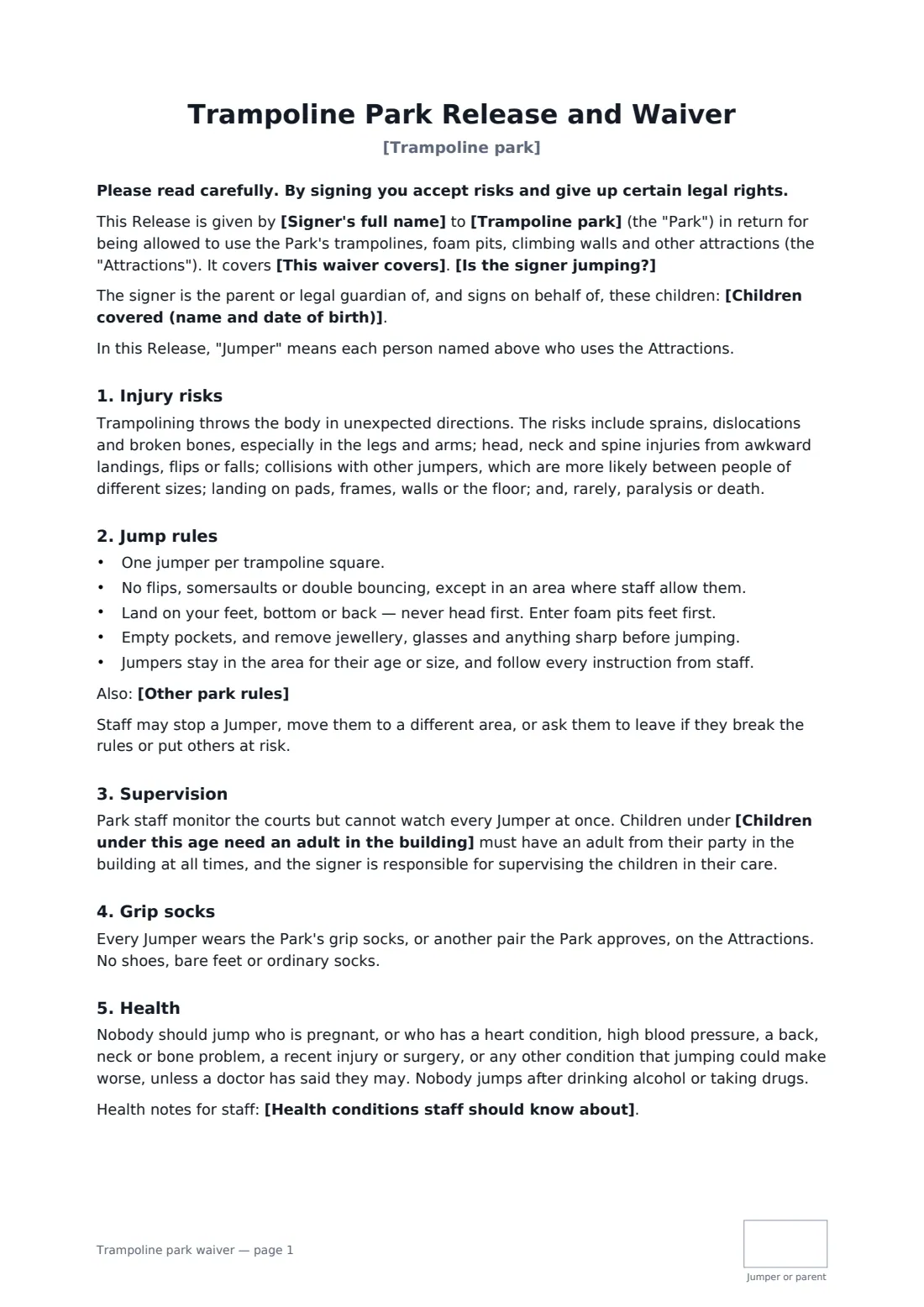 Trampoline park waiver — page 1 of 2