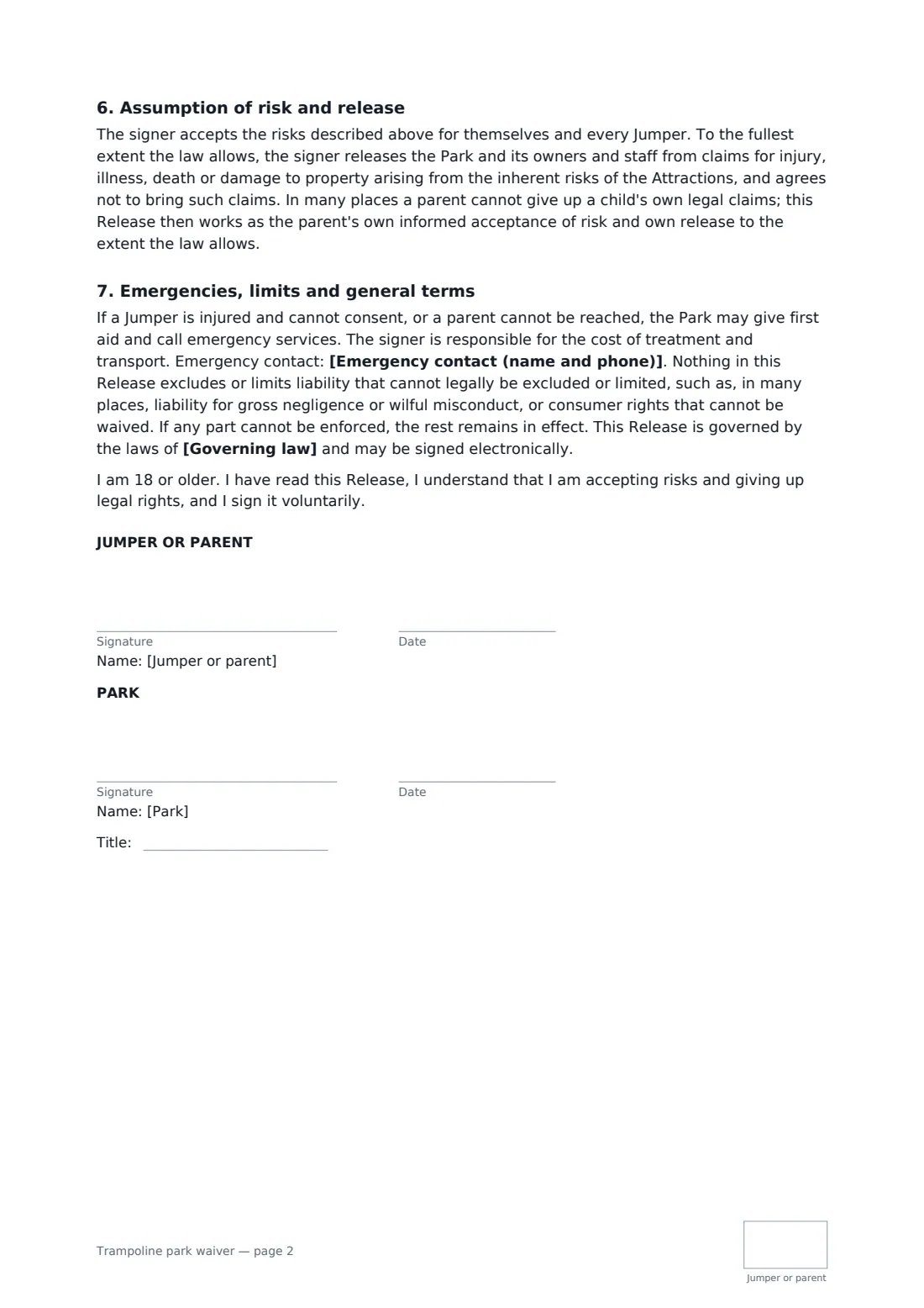 Trampoline park waiver — page 2 of 2